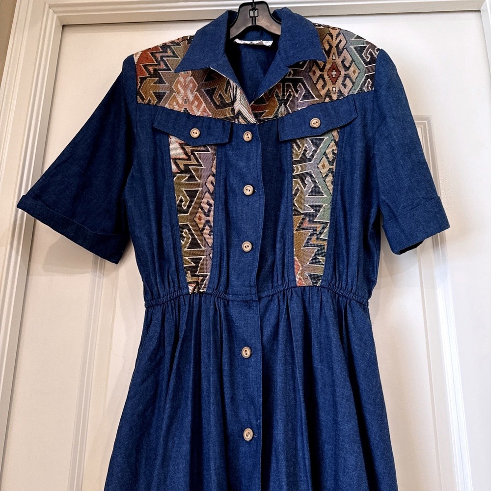 Vintage Miss H. Moore Southwestern Denim Midi Dress Blue Tapestry‎ Western Sz 12
